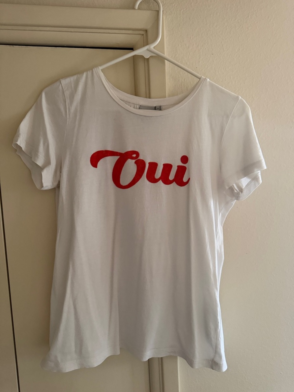 White Short Sleeve Tee with Red "Oui" Script